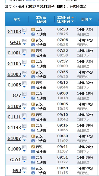武汉到长沙南站高铁时刻表