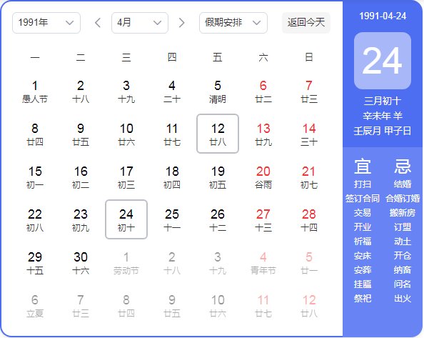1991年农历阳历表