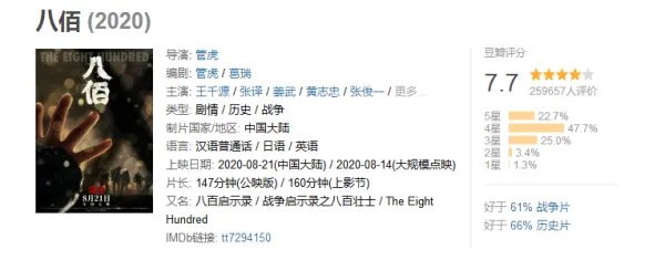 八佰电影豆瓣评分多少？